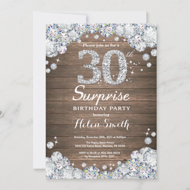 Invitation Surprise Rustique Anniversaire 30 ans Argent Diama (Devant)