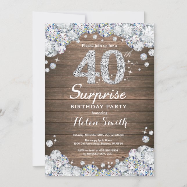 Invitation Surprise Rustique Anniversaire 40 ans Diamant (Devant)
