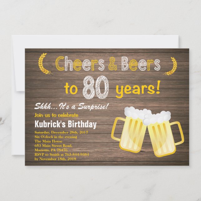 Invitation Surprise rustique « Cheers and Beers » 80e anniver (Devant)