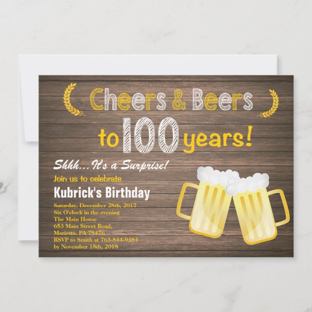 Invitation Surprise rustique pour les 100 ans Cheers and Beer (Devant)
