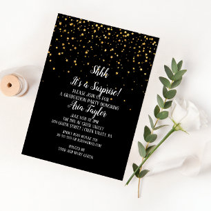 Invitation Surprise Shhh Confettis Dorés sur Fond Noir de Rem