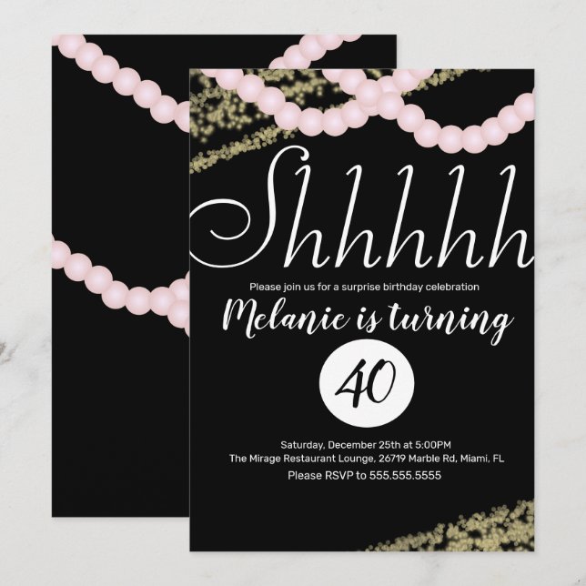 Invitation Surprise Shhhhhh Perle Rose Feuille Anniversaire (Devant / Derrière)