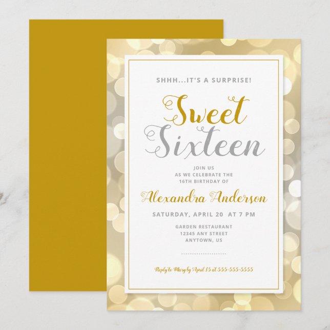 Invitation Surprise Sweet 16 Anniversaire | Gold Bokeh (Devant / Derrière)