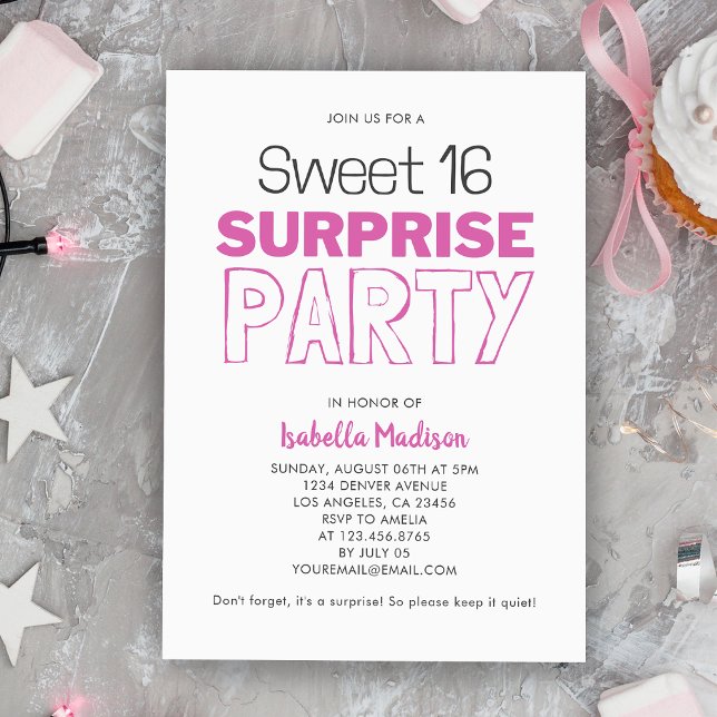 Invitation Surprise Sweet 16 rose fête d'anniversaire (Surprise Sweet 16 Pink Birthday Party Invitation
)