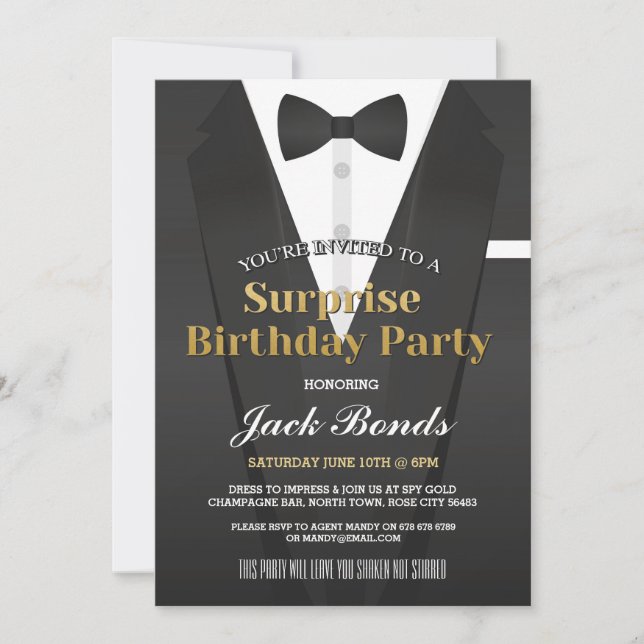 Invitation Surprise Tuxedo Black Cravate Événement Anniversai (Devant)
