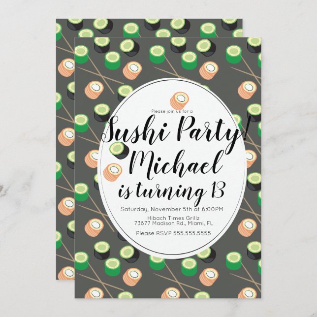 Invitation Sush Rolls Grey Anniversaire Hibachi Restaurant (Devant / Derrière)