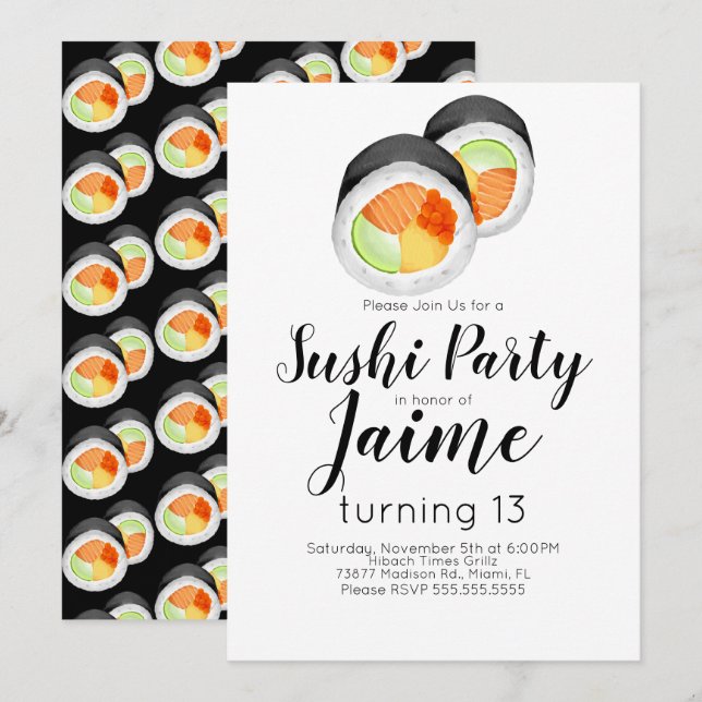 Invitation Sushi aquarelle fête d'anniversaire adolescente cu (Devant / Derrière)