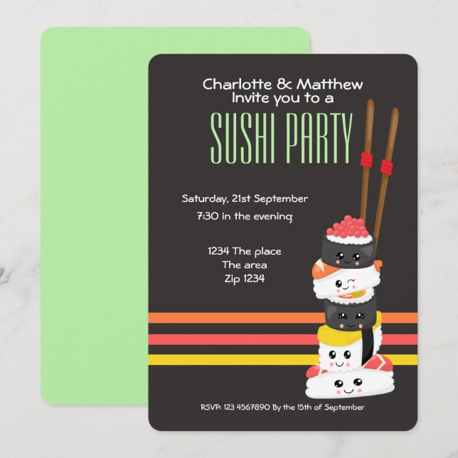 Invitation Sushi Party Cute Kawaii Personnaliser le japonais (Devant / Derrière)