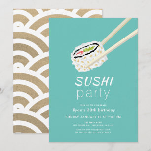 Invitation Sushi Party Simple Turquoise & Or Anniversaire