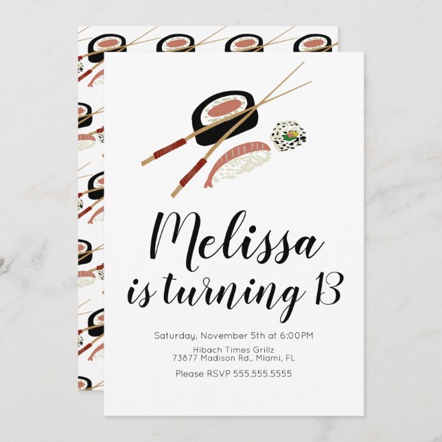 Invitation Sushi Roll Saumon Ado Anniversaire Hibachi Restaur (Devant / Derrière)