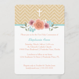 Invitation Swag floral communion en or et Aqua