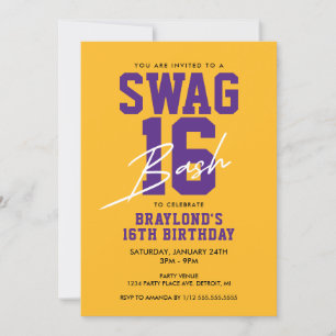 Invitation Swag pourpre et jaune 16 Anniversaire