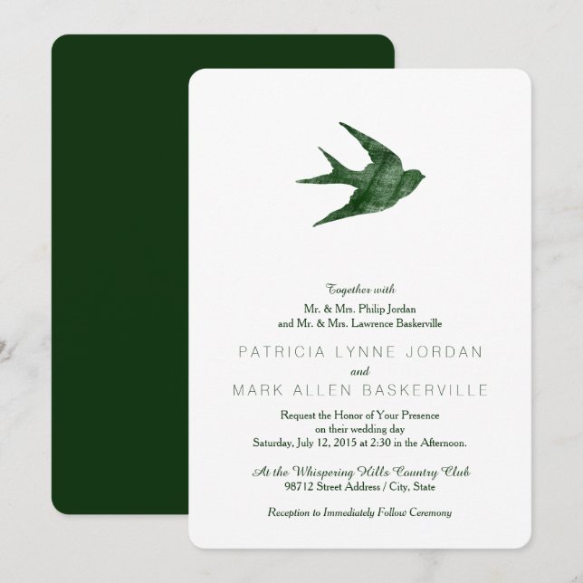Invitation Swallow (Style Letterpress) (Devant / Derrière)