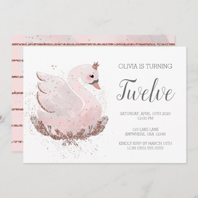 Invitation Swan 1er anniversaire | Parties scintillant or bla (Devant / Derrière)