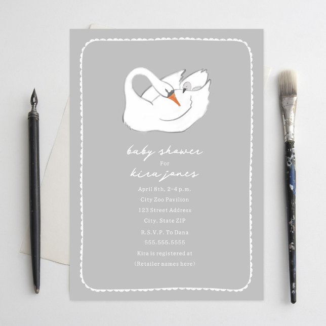 Invitation Swan à main Mama et Baby shower gris (Créateur téléchargé)