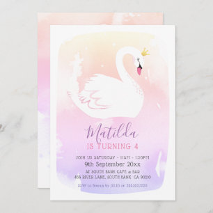 Invitation SWAN BANTHDAY PARTY jolie élégante pastel arc-en-c