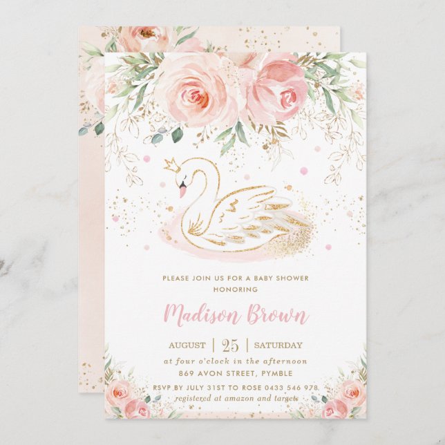 Invitation Swan Blush rose Floral Gold Baby shower fille (Devant / Derrière)