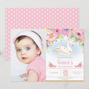Invitation Swan Princess Anniversaire Floral Girl Photo