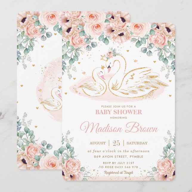 Invitation Swan Princess Blush Pink Poppy Baby shower floral (Devant / Derrière)