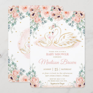 Invitation Swan Princess Blush Pink Poppy Baby shower floral 