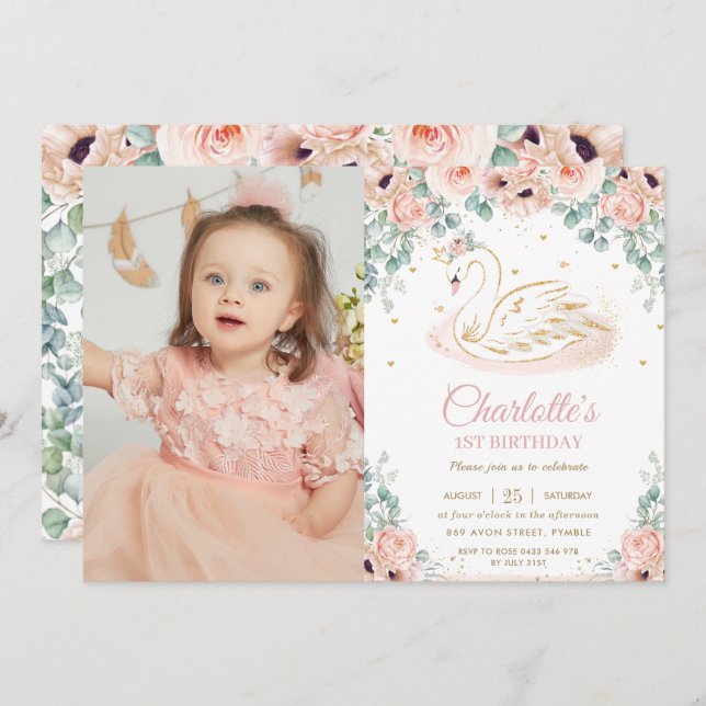 Invitation Swan Princess Blush rose Floral 1er anniversaire P (Devant / Derrière)
