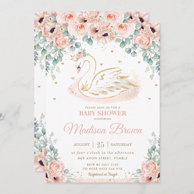 Invitation Swan Princess Blush Rose Floral Baby shower or (Devant / Derrière)