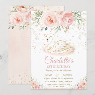 Invitation Swan Princess Blush Rose Floral Gold Girl Annivers