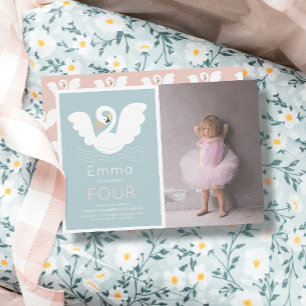 Invitation Swan Princess Modern Blue Girl Photo Anniversaire