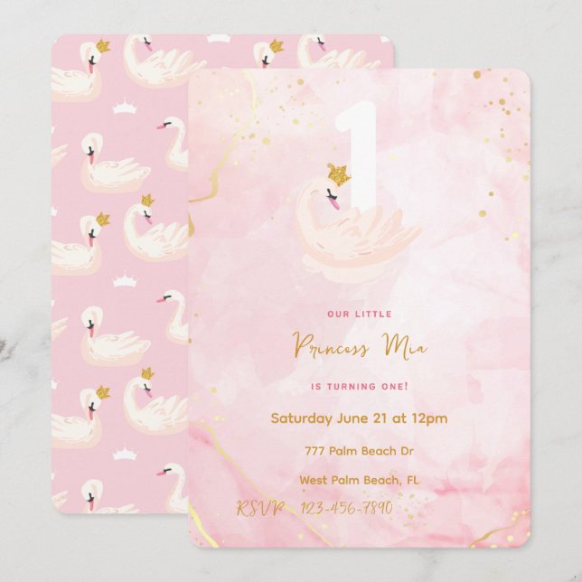 Invitation Swan Princess Pink & Gold Aquarelle 1er anniversai (Devant / Derrière)