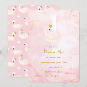 Invitation Swan Princess Pink & Gold Aquarelle 1er anniversai