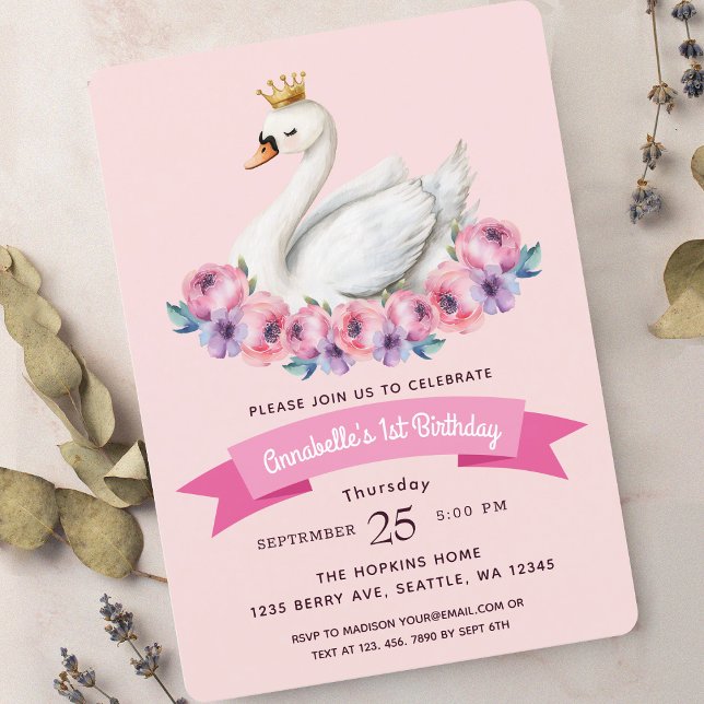 Invitation Swan Princess Pink Watercolor Girl 1er anniversair (Créateur téléchargé)