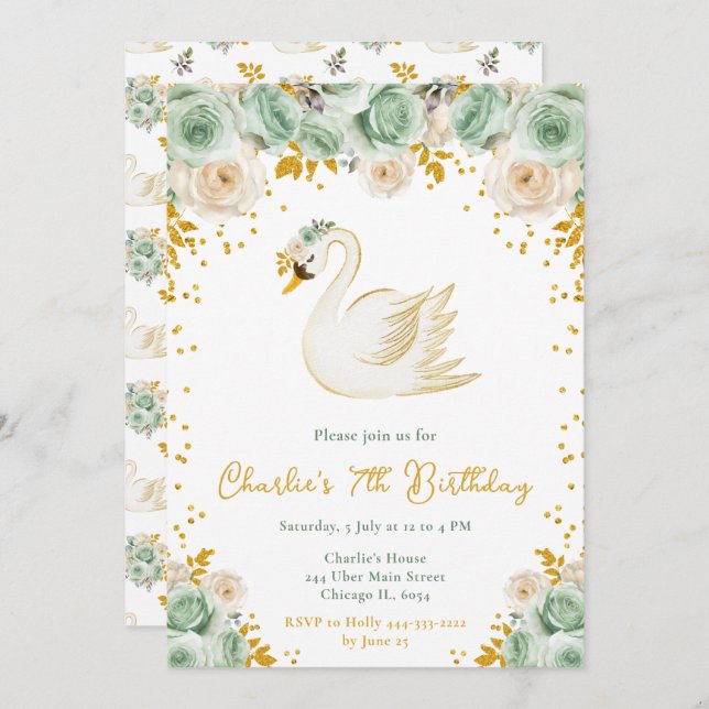 Invitation Swan Sage Green et Gold Roses fête d'anniversaire (Devant / Derrière)