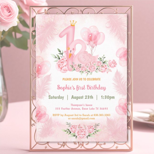 Invitation Swan Soft Floral Rose Rose Blanc fille 1er anniver (Swan Soft Floral Rose Pink White Girl 1st Birthday Invitation)