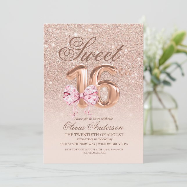 Invitation Sweet16 Anniversaire Rose rose or Bow Anniversaire (Debout devant)