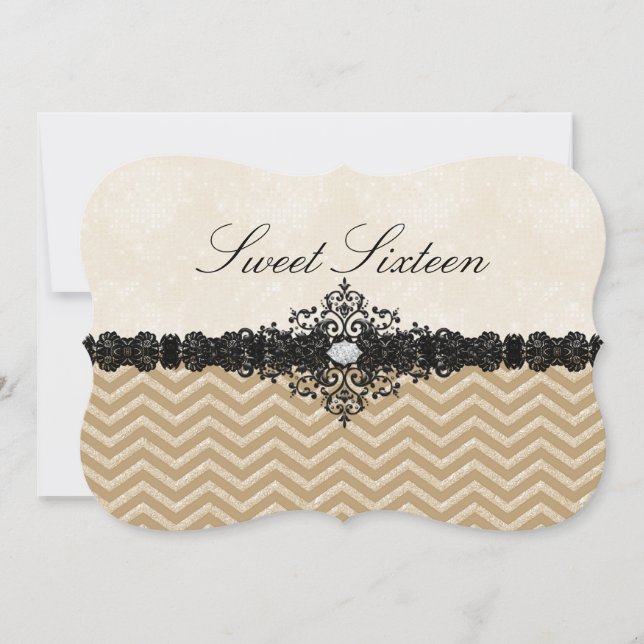 Invitation Sweet16 Damask et Chevron Pailleté Or (Devant)