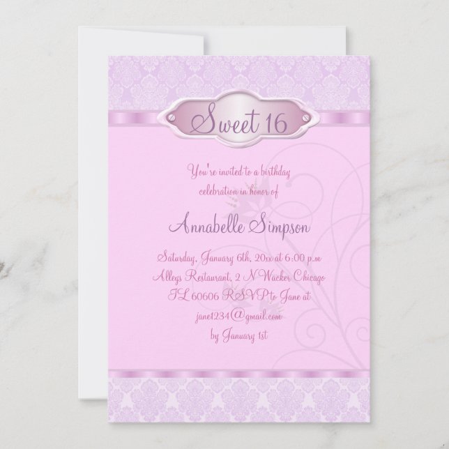 Invitation Sweet16 Damassé & Tourbillon Rose/Viole (Devant)