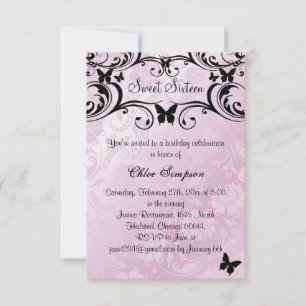 Invitation Sweet16 Papillon et Fleur Rose & Noir