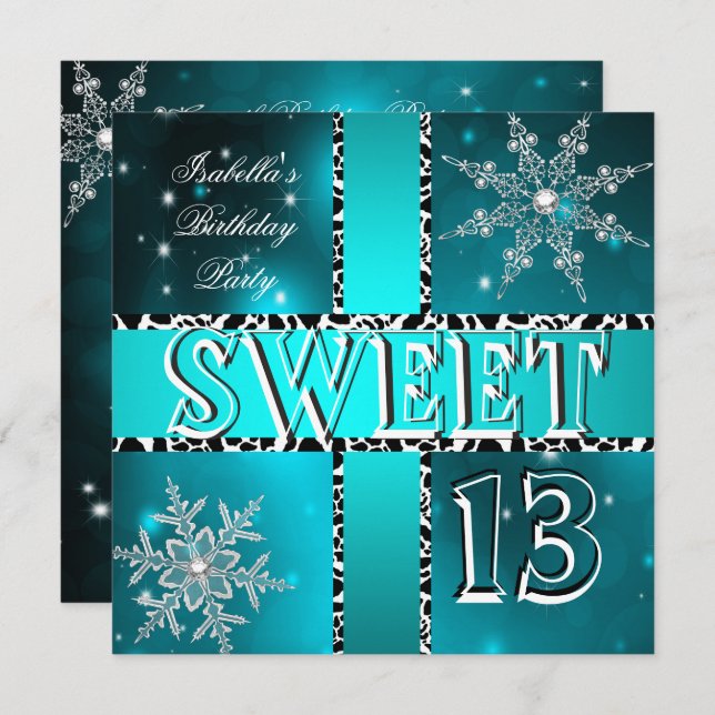 Invitation Sweet 13 13e Anniversaire Wonderland hiver Turquoi (Devant / Derrière)