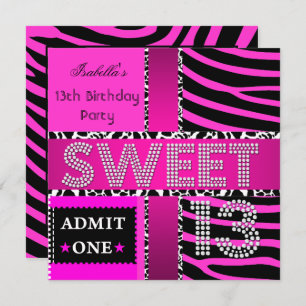 Invitation Sweet 13 13e anniversaire Zebra Cow Hot rose Noir