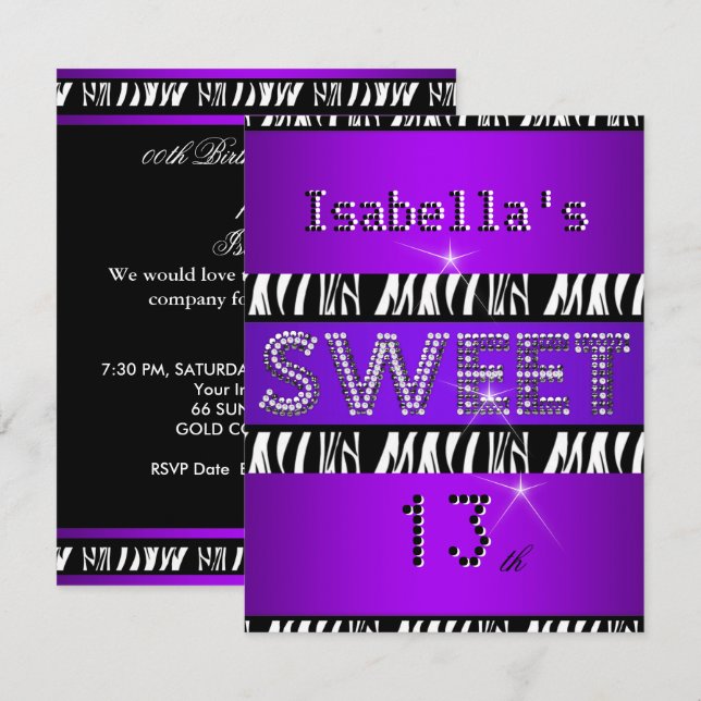 Invitation Sweet 13 13e anniversaire Zebra Purple Black (Devant / Derrière)