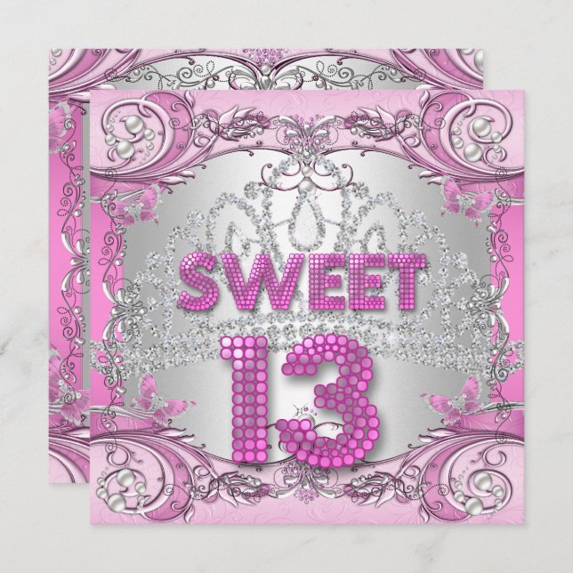 Invitation Sweet 13 13e Soirée Rose Tiara fête d'anniversaire (Devant / Derrière)