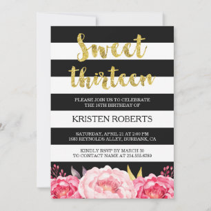 Invitation Sweet 13 Anniversaire Floral Or noir blanc rayures