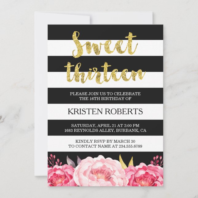 Invitation Sweet 13 Anniversaire Floral Or noir blanc rayures (Devant)