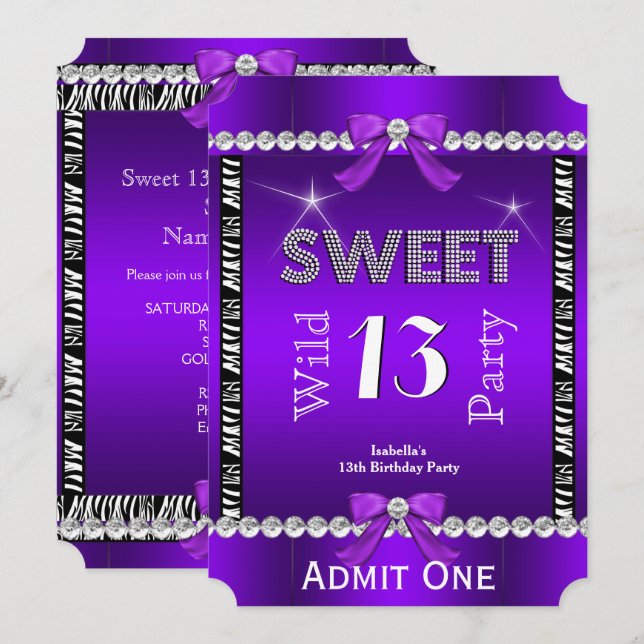 Invitation Sweet 13 Fun Party Zebra Purple Ticket 3 (Devant / Derrière)
