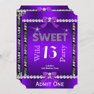 Invitation Sweet 13 Fun Party Zebra Purple Ticket 3