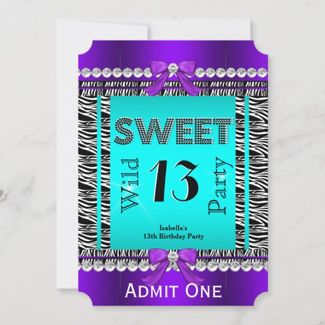 Invitation Sweet 13 Fun Party Zebra Turquoise Bleu pourpre Bi (Devant)