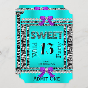 Invitation Sweet 13 Fun Party Zebra Turquoise Bleu violet Bil