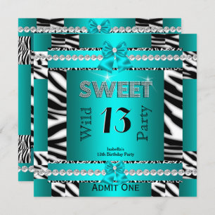 Invitation Sweet 13 Fun Party Zebra Turquoise Blue Ticket 3S
