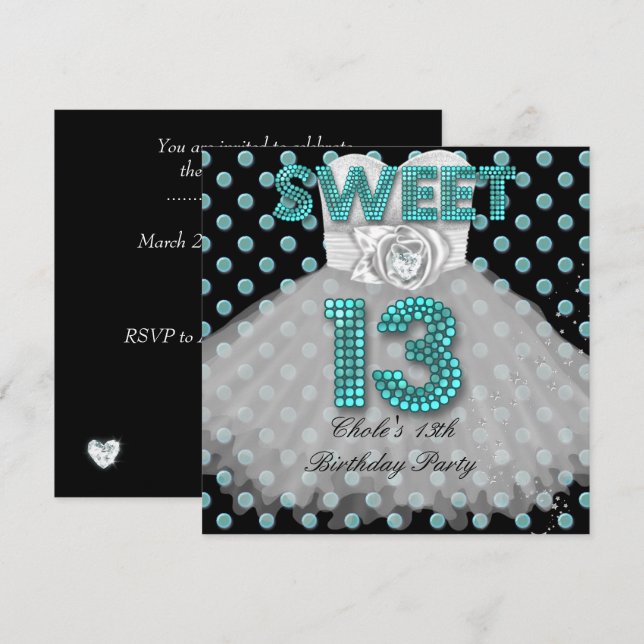 Invitation Sweet 13ème anniversaire Filles 13 Ado Turquoise B (Devant / Derrière)