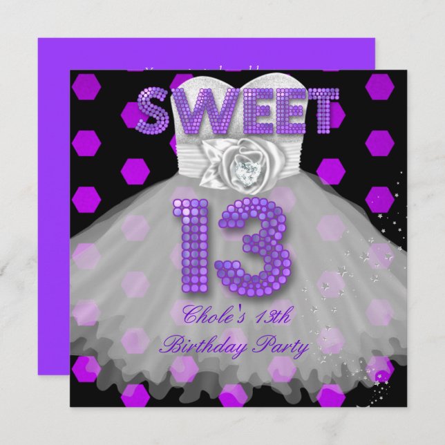 Invitation Sweet 13ème anniversaire Filles Ado violet (Devant / Derrière)